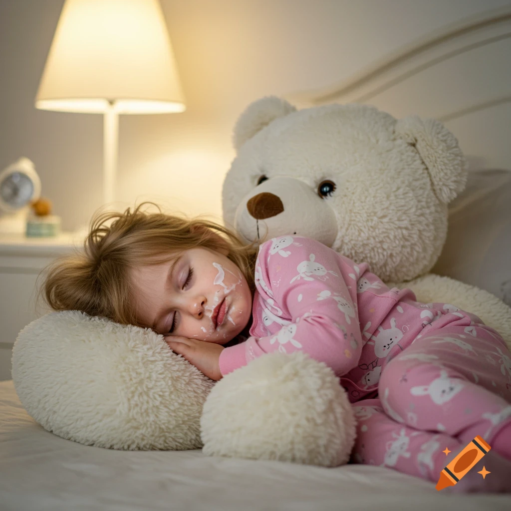 Little girl with messy face sleeps soundly on a large white teddy bear in a warm bedroom.