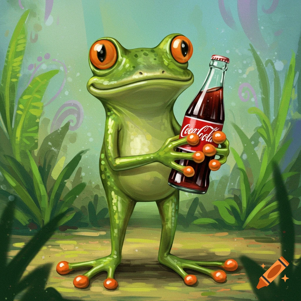 A cartoon frog stands holding a bottle of soda.
