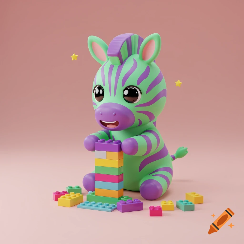 A cute green and purple zebra toy plays with colorful toy bricks on a pink background. 3D render.