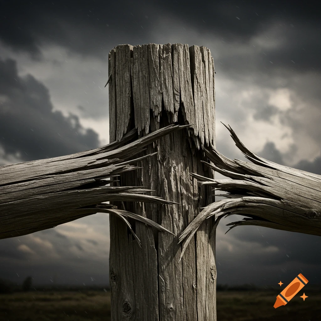 Close-up of a weathered wooden fence post splintering and broken, against a dark, stormy sky and blurred field.