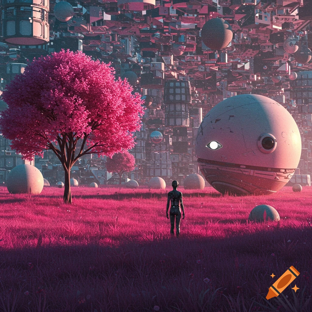 A robot figure stands in vibrant pink grass facing a large eyed sphere, with floating futuristic cities and objects in the background.