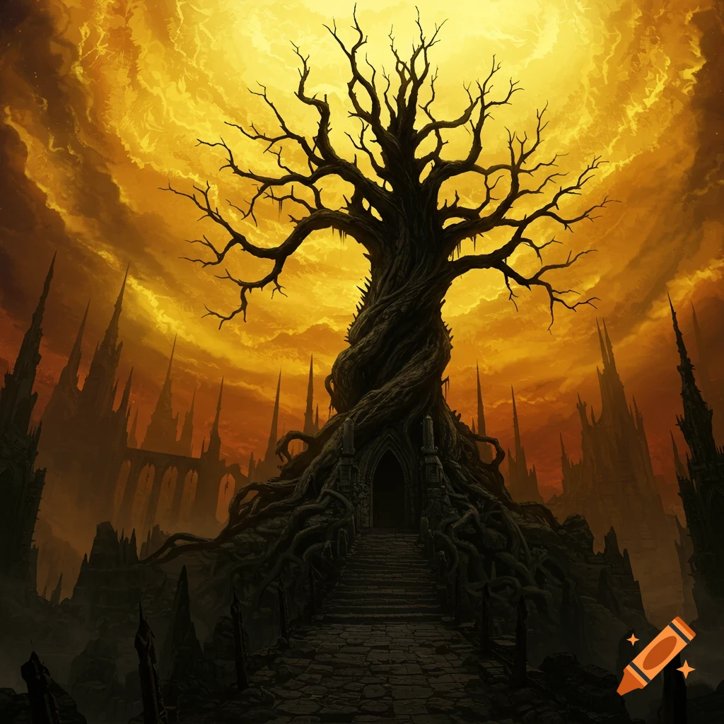 Gothic tree with root stairs in a gothic kingdom under an unsettling golden sky.