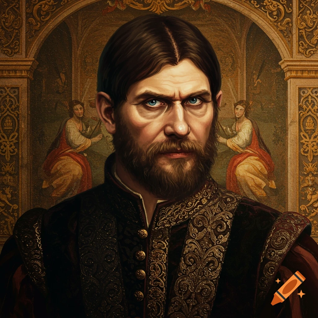 A bearded man in ornate historical clothing
