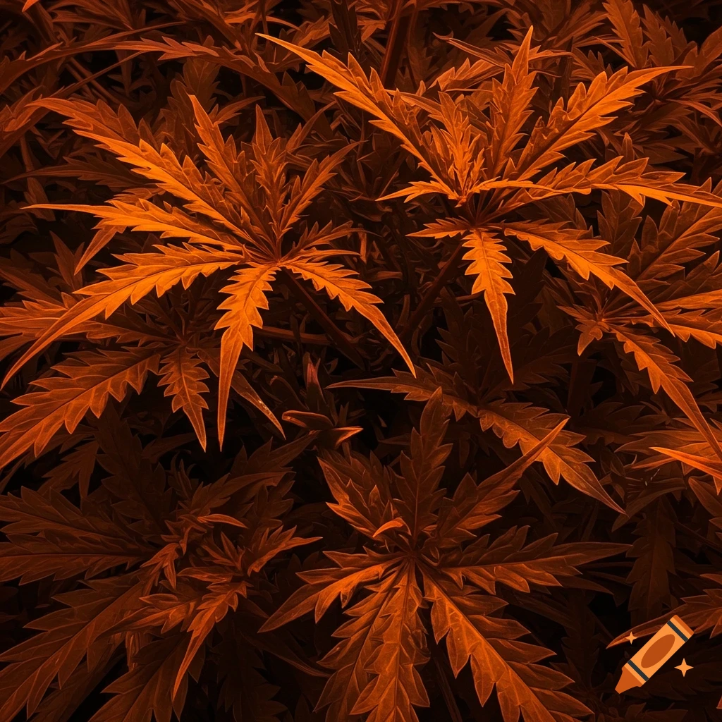 Close-up of orange cannabis leaves under warm light.