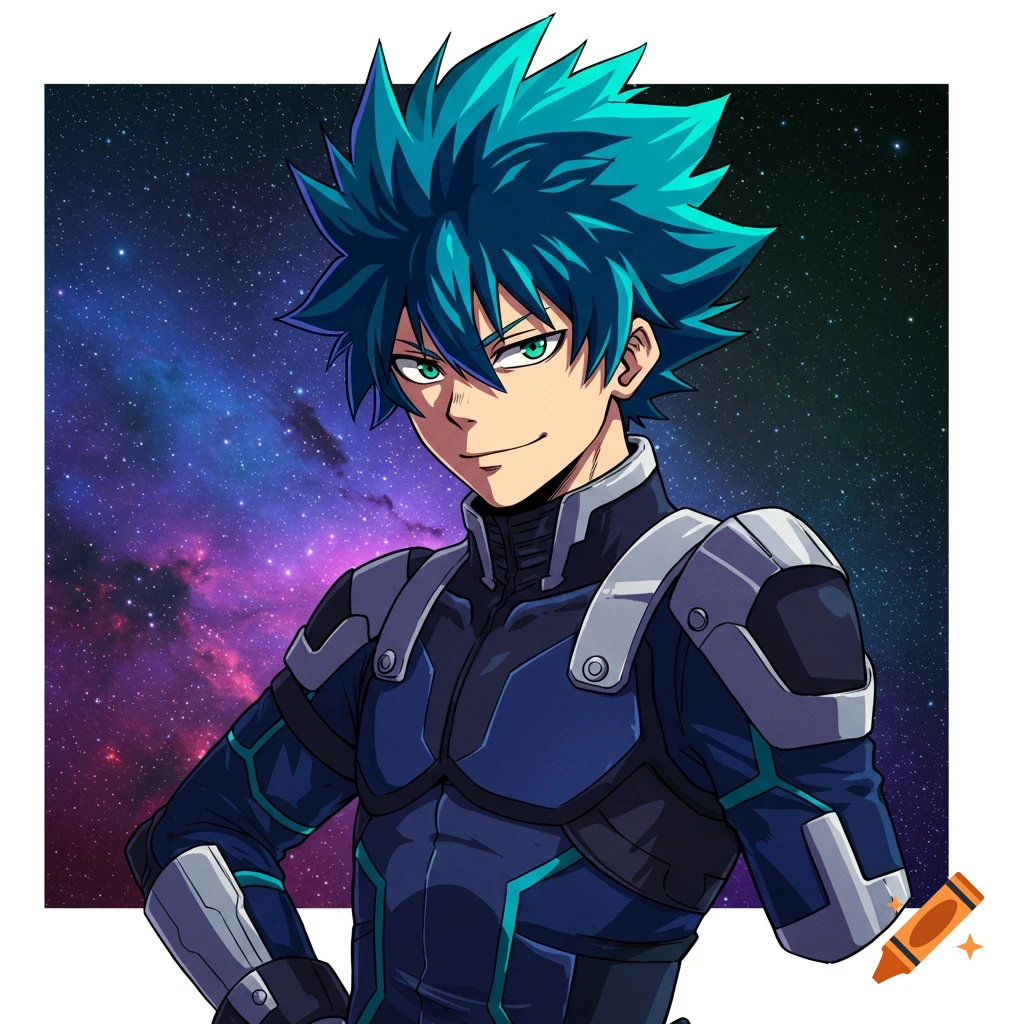 Anime character in a futuristic suit against a space background.