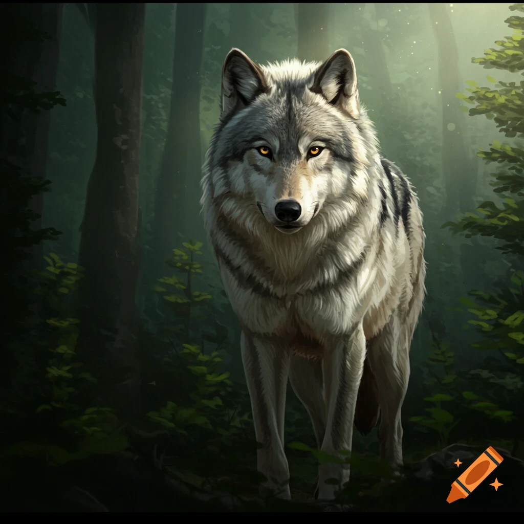 A grey wolf stands in a forest.