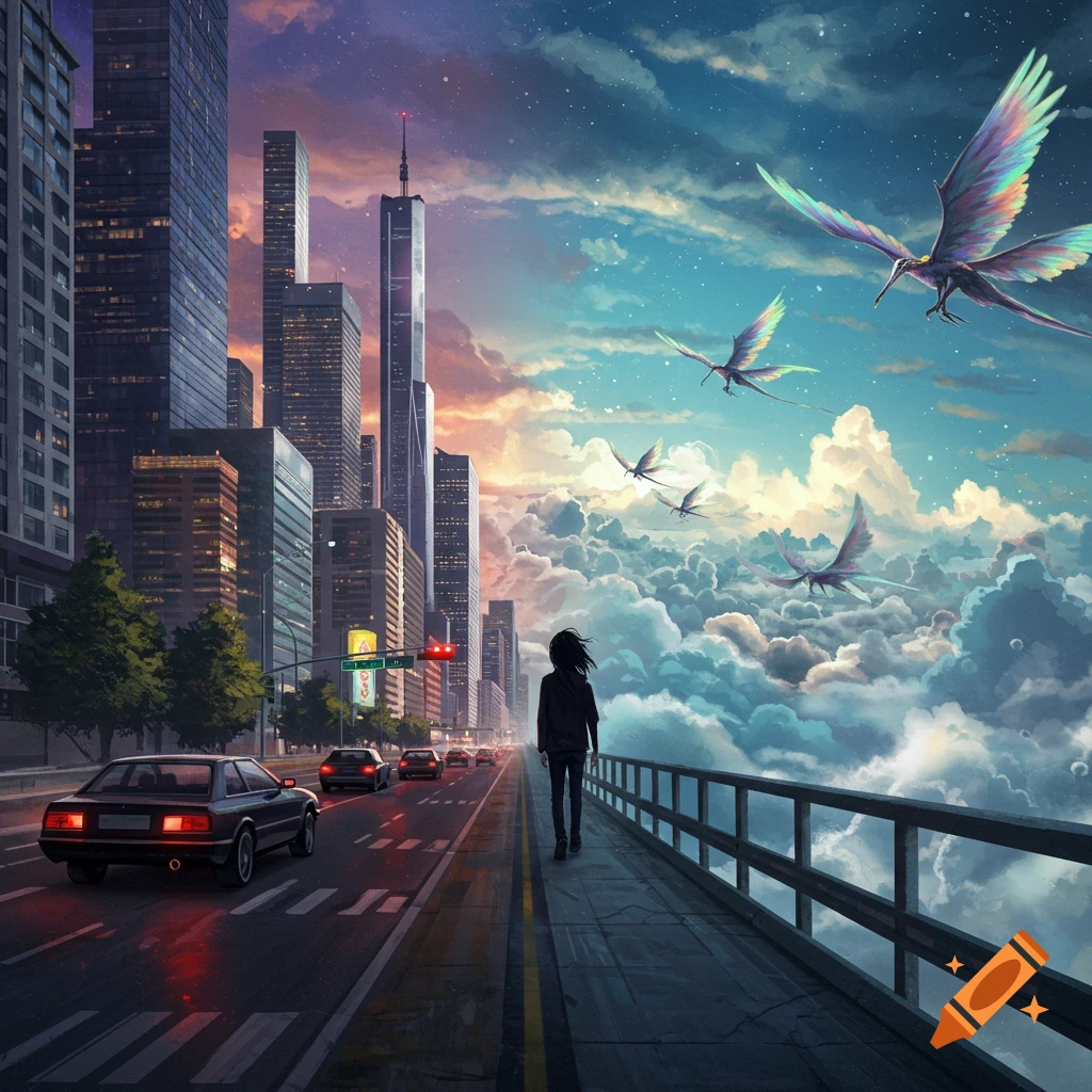 A person walking beside a city street and skyline, looking at fantasy creatures flying in a cloudy, starry sky.