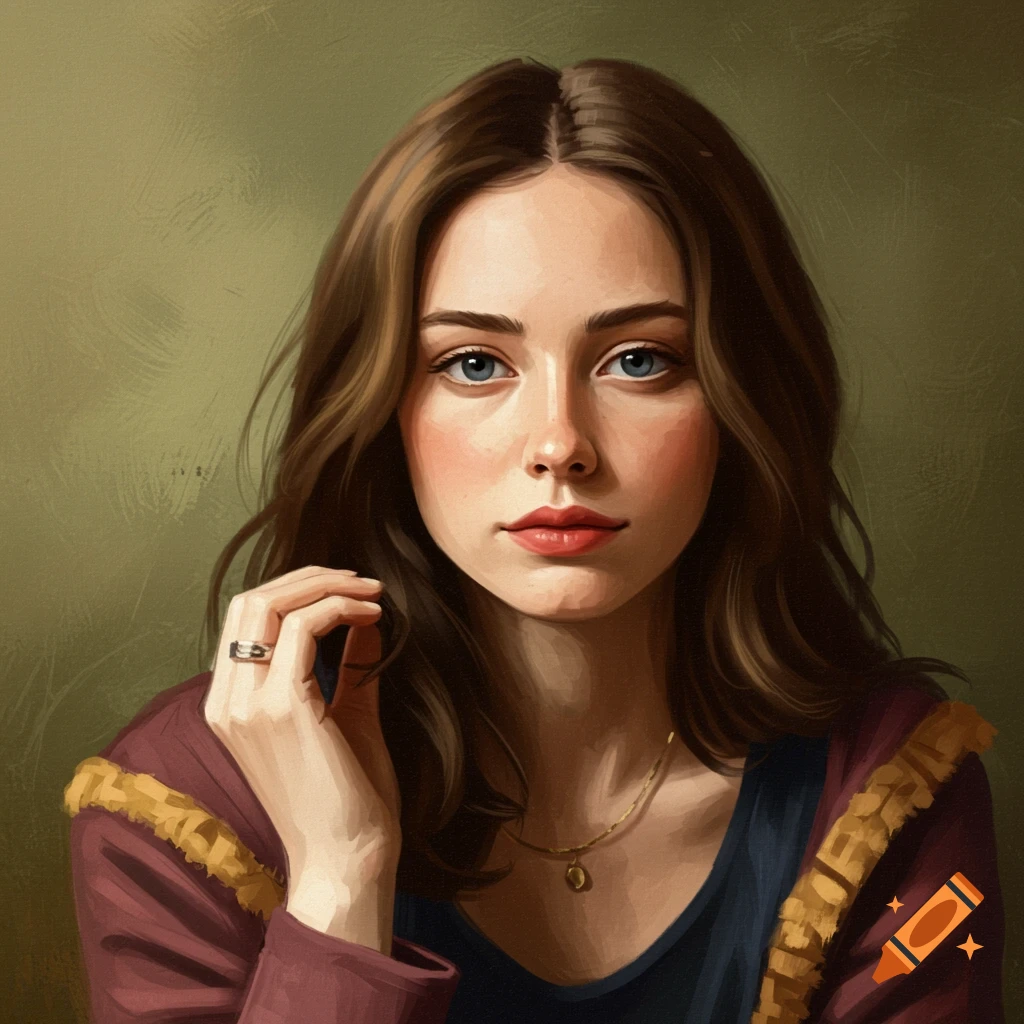 Portrait of a young woman with long brown hair and blue eyes.