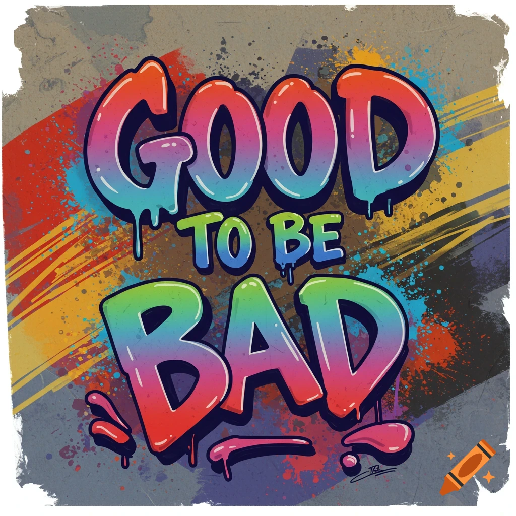 Colorful graffiti art spells out 'GOOD TO BE BAD' with drips against a spray-painted background.