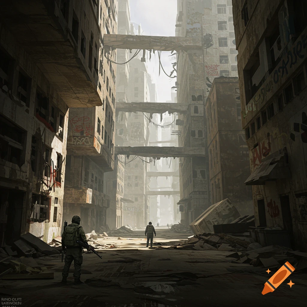 Two figures are in a crumbling, post-apocalyptic city street with debris and overhead walkways.