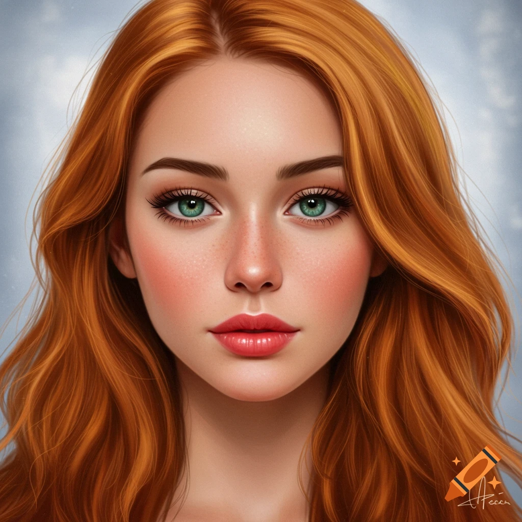 A red-haired woman with green eyes.