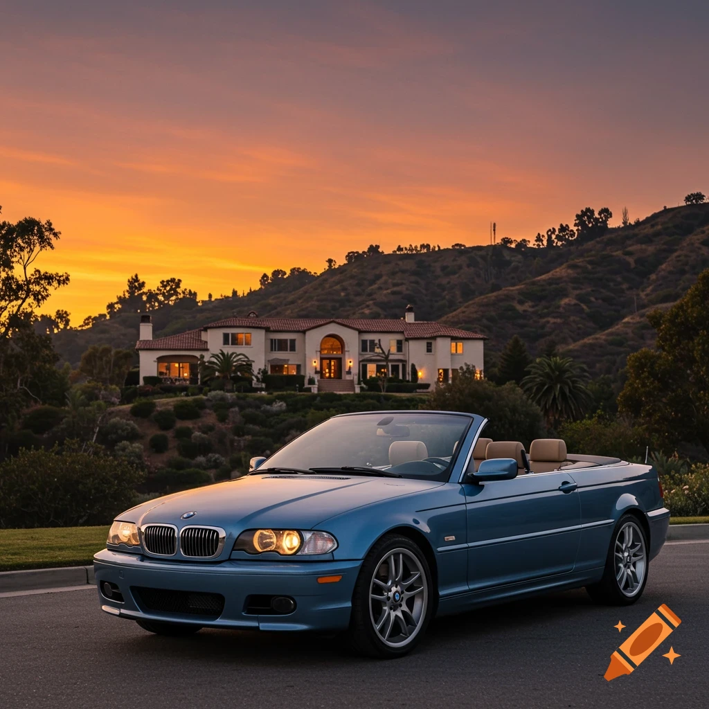 A blue BMW convertible is parked on a road in front of a large mansion on a hillside during sunset.