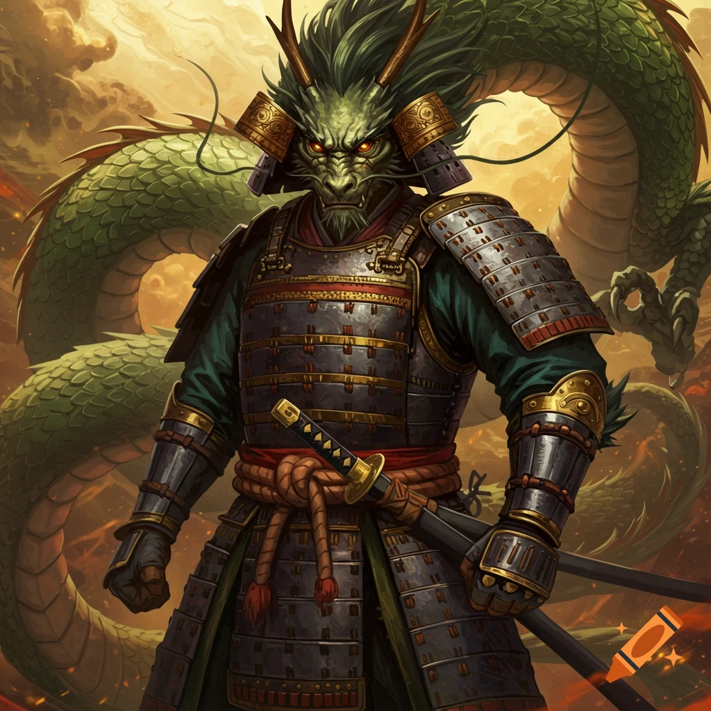 A samurai with dragon head and features, wearing armor, with a dragon tail in the background.