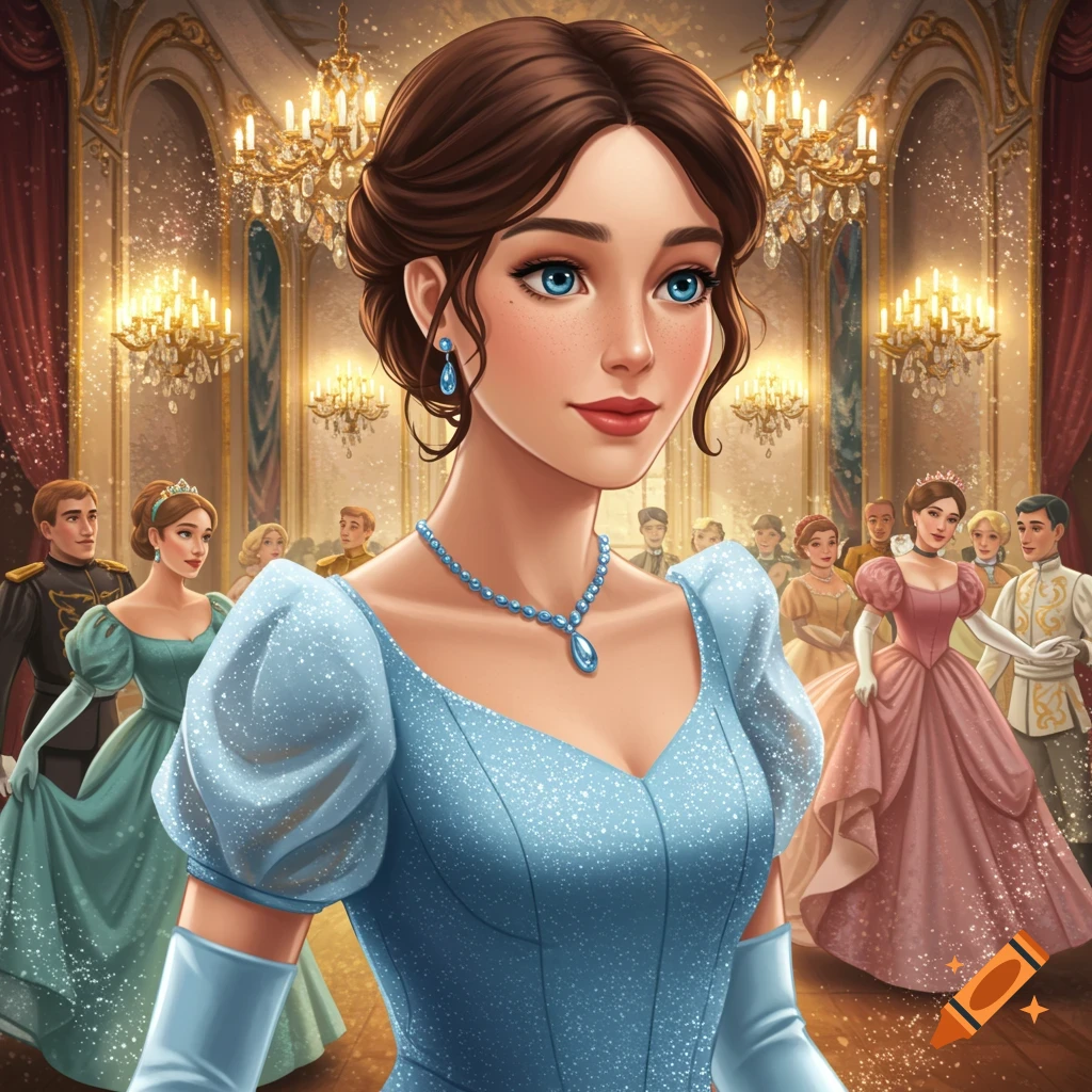 A woman in a shimmering blue gown at a grand ball