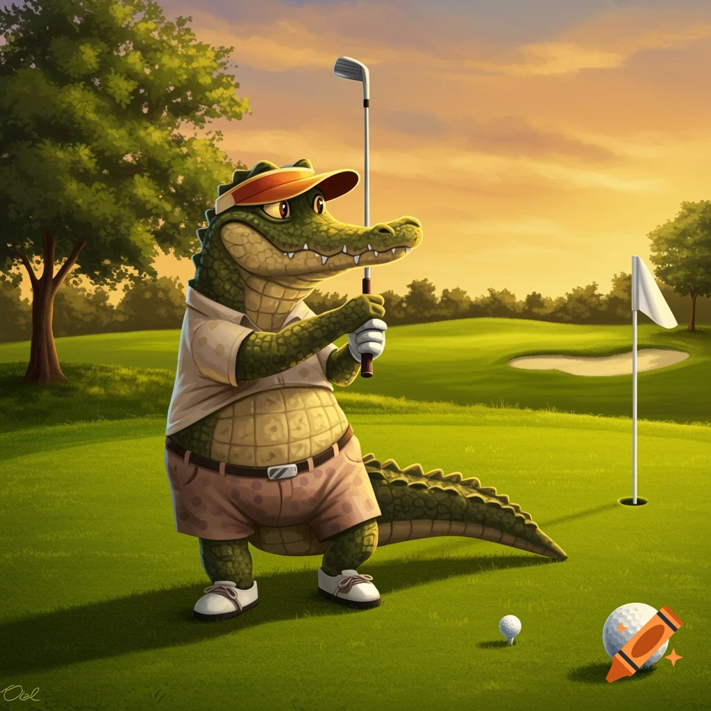 A cartoon alligator in golf clothes swings a club on a golf course at sunset.