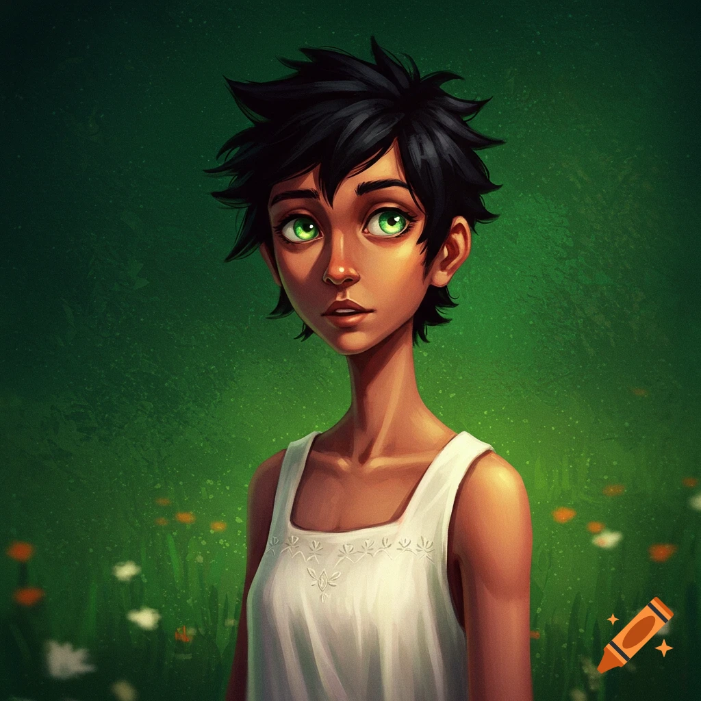 Portrait of a person with short black hair and green eyes, wearing a white tank top, against a blurred green background with flowers.