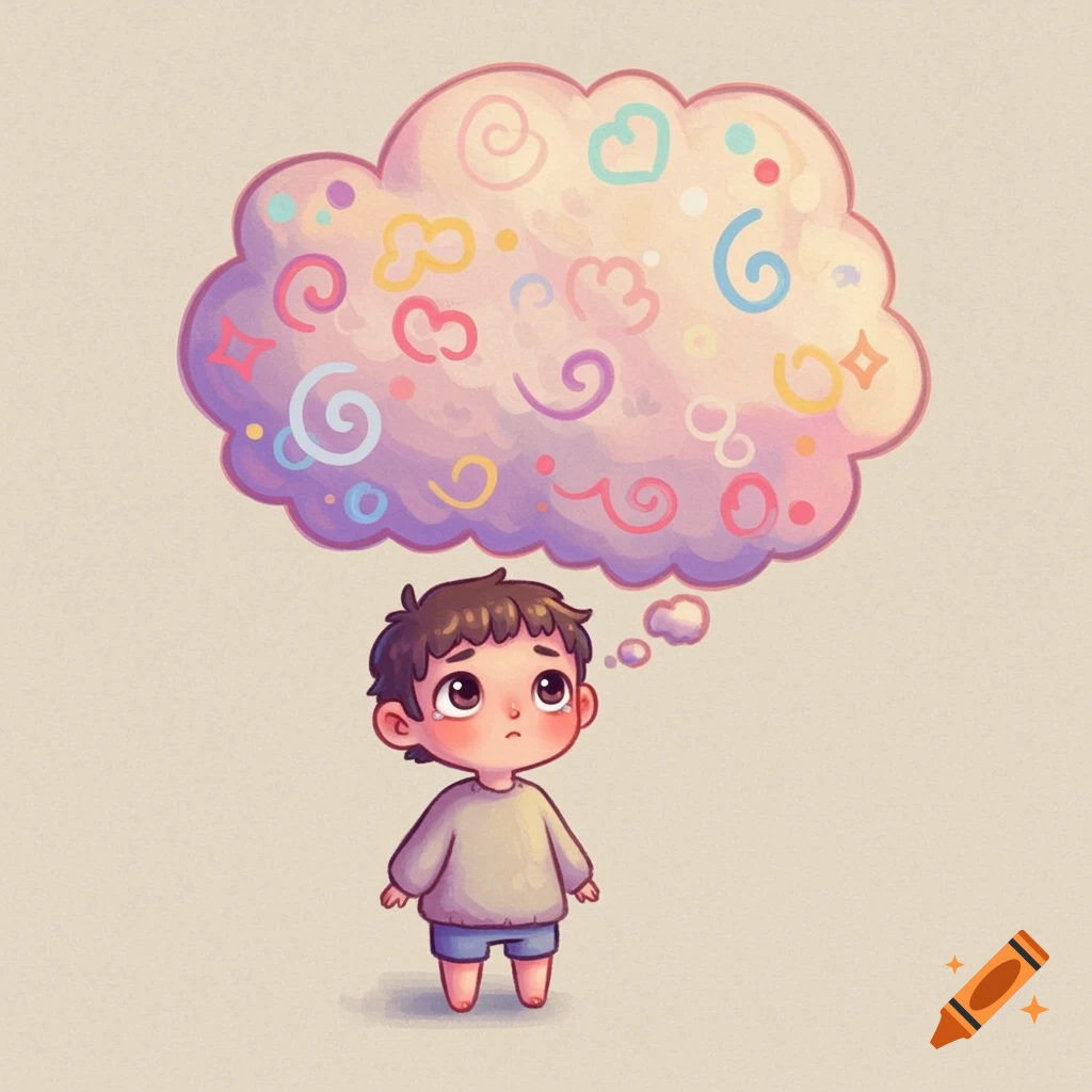 A cute cartoon illustration of a small child looking up at a large, colorful thought bubble filled with abstract shapes and swirls.