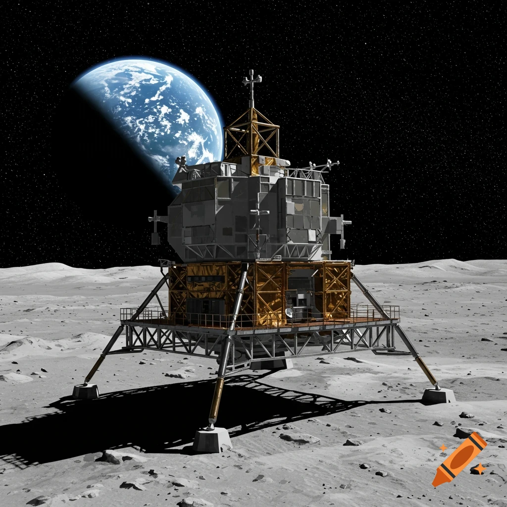 A lunar lander sits on the moon's surface, with Earth visible in the distance.