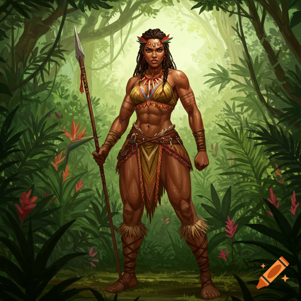 A muscular female Amazon warrior holding a spear in a vibrant jungle.