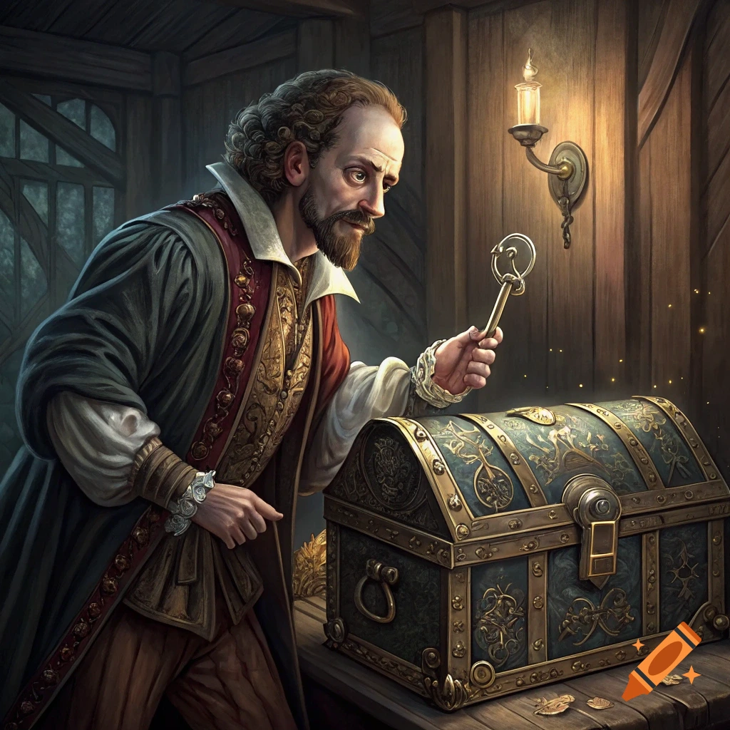 Man in historical clothing holds a key over an ornate treasure chest in a dimly lit room