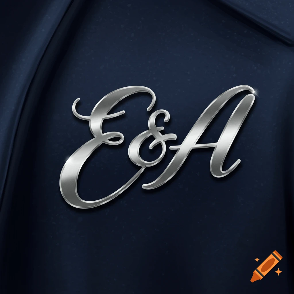 Silver cursive E & A emblem on a dark blue jacket.