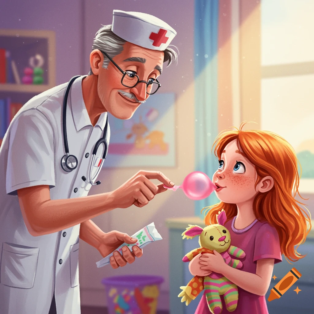 Illustrated scene of a kind doctor offering bubble gum to a young girl.