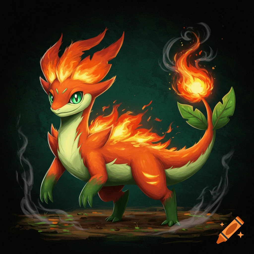 A small, orange and green lizard-like fantasy creature with flames on its back and head, and a fiery tail with leaves.