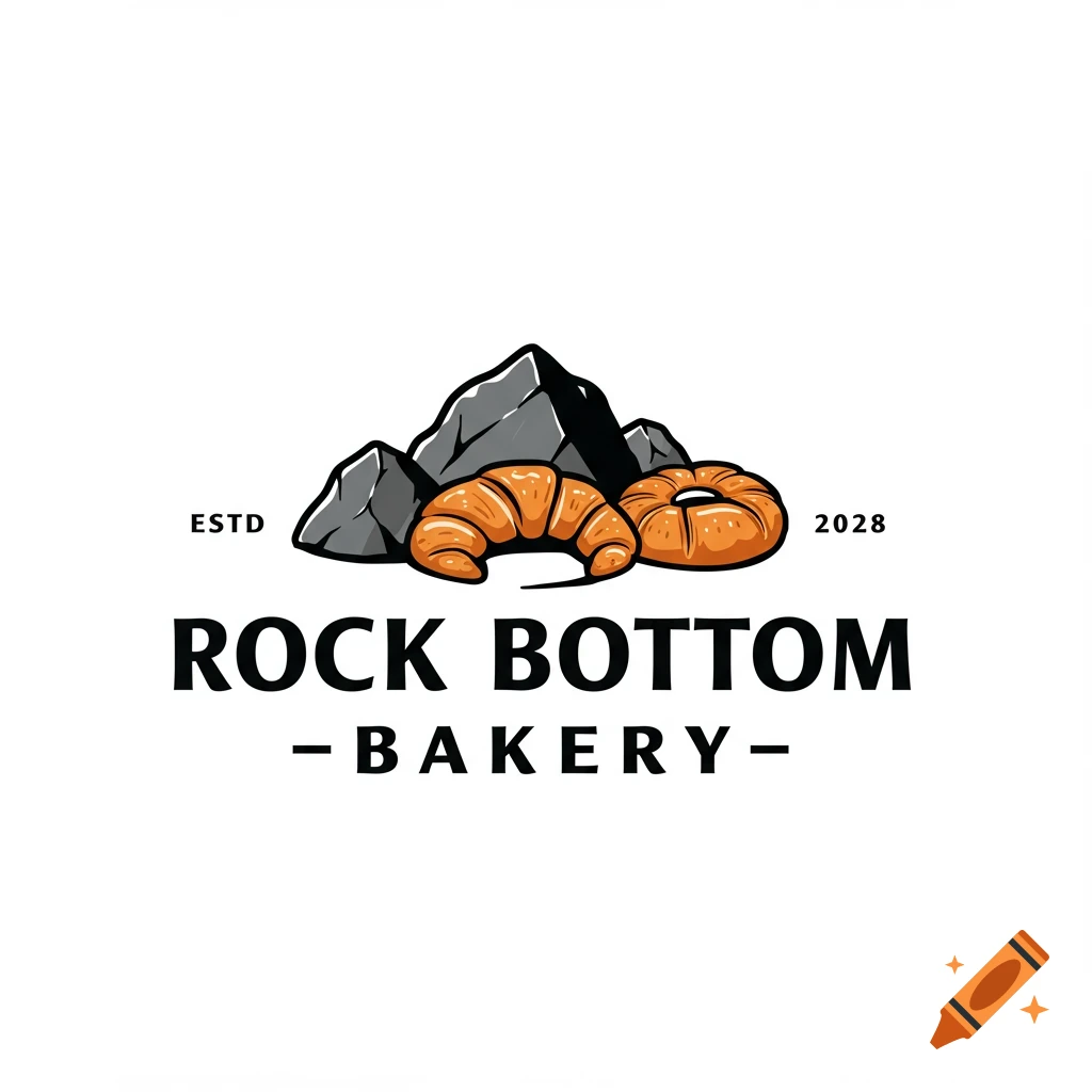 Logo for Rock Bottom Bakery featuring rocks, a croissant, a bagel, and the text ROCK BOTTOM -BAKERY- ESTD 2028.