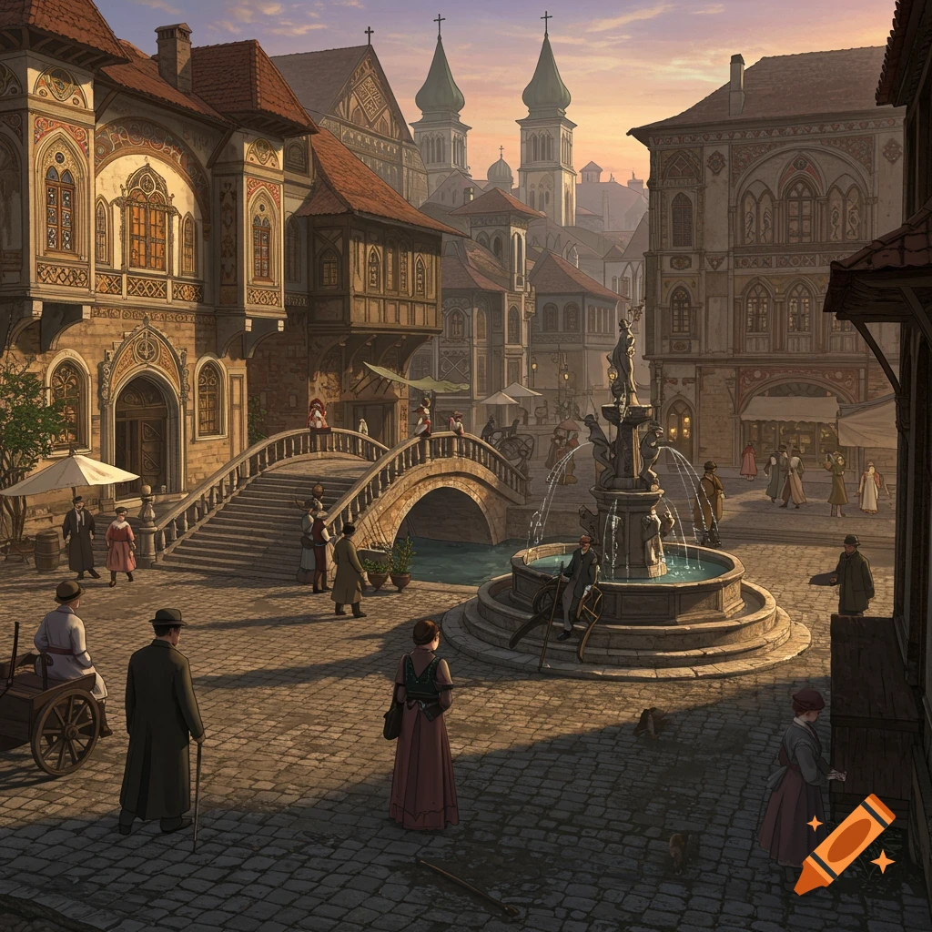 A busy town square with renaissance/gothic buildings, a bridge, fountain, and people.