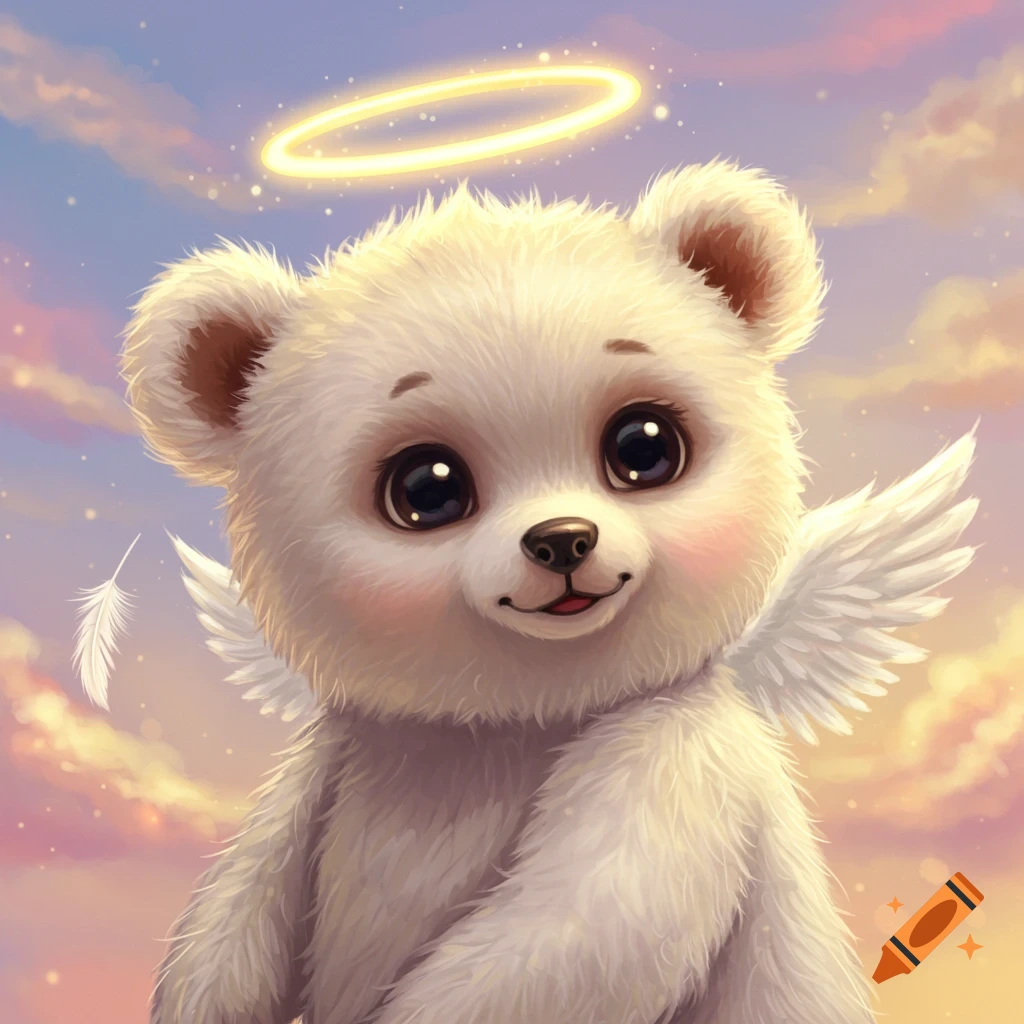 A cute baby bear with fluffy white fur, big eyes, a halo, and wings against a cloudy sky.