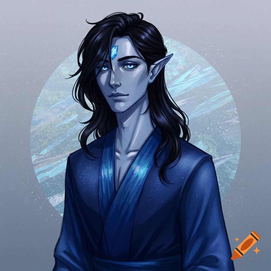A dark-haired fantasy character with blue skin, glowing eyes, and pointy ears, wearing a blue robe.