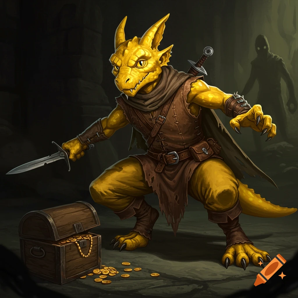 Yellow kobold thief guards treasure chest in a dungeon, holding a dagger.