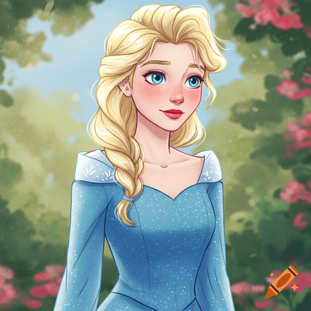 Cartoon blonde princess in a blue dress with a braid, standing in a garden.