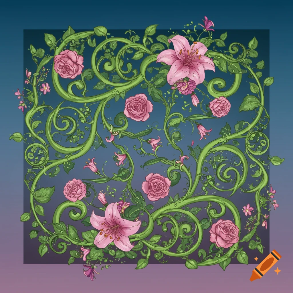 Swirling green vines with pink roses and lilies on a blue background.