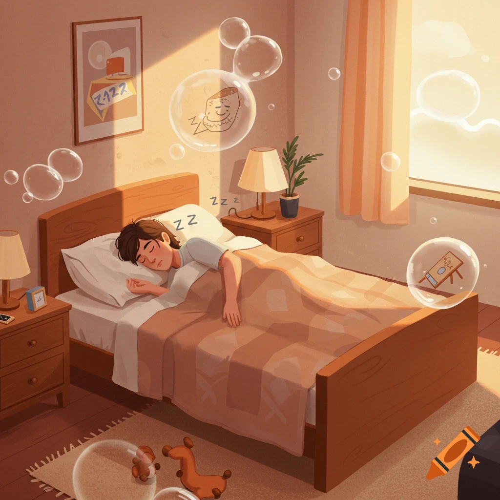 A person sleeps in a bed in a sunlit room with bubbles floating above them.
