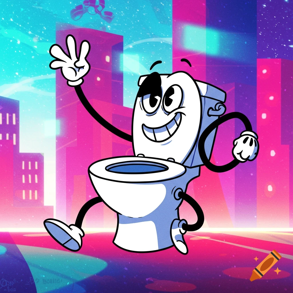Cartoon toilet character waving in a pink and blue futuristic city.