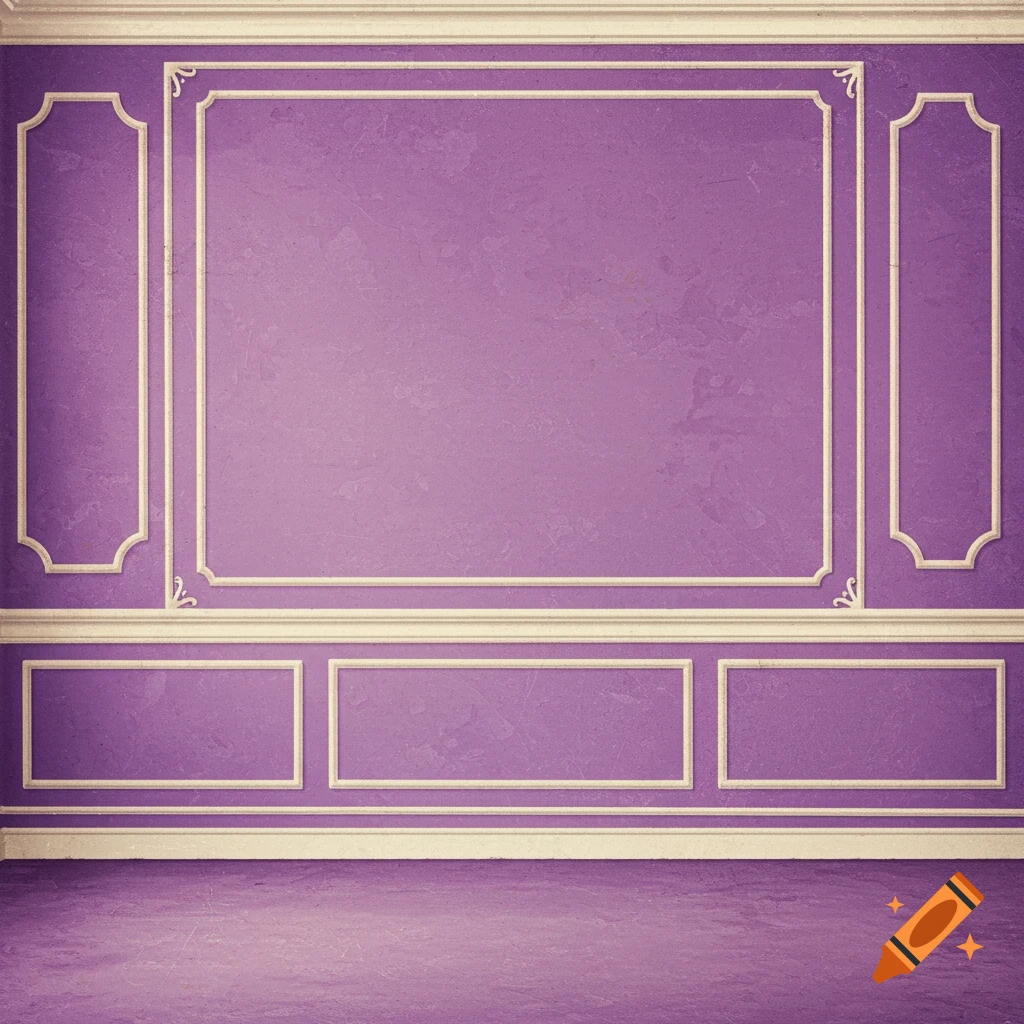 A purple wall with cream colored ornate trim.