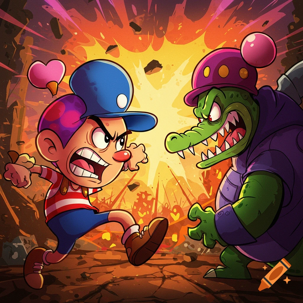 Cartoon boy fights alligator monster with explosion background.