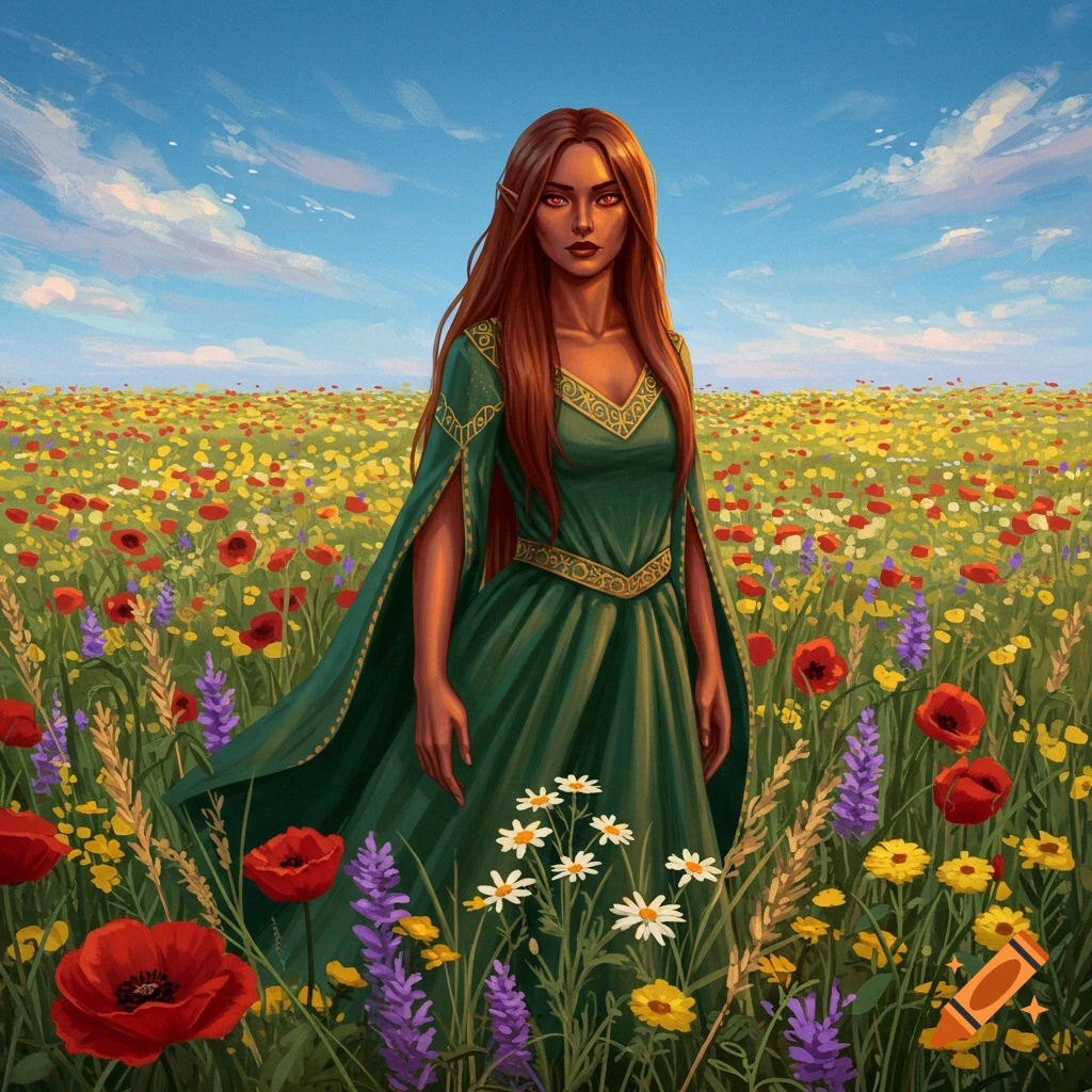A woman with long brown hair and pointy ears stands in a field of red, yellow, and purple flowers under a blue sky. She wears a green dress and cape.