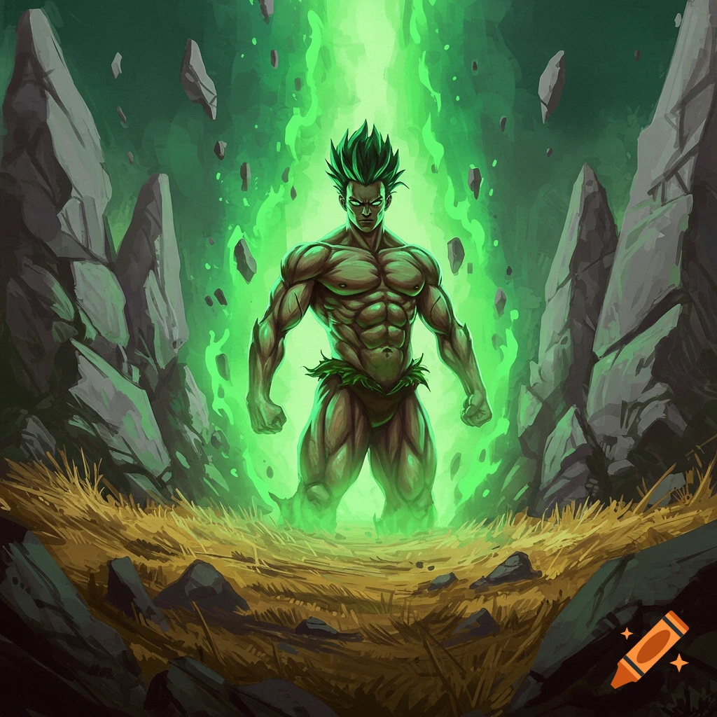 A muscular man with green spiky hair and aura in a rocky field