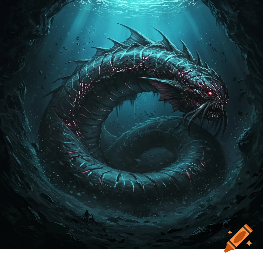 A massive serpentine deep-sea creature with glowing features coiled in a dark trench, a small figure standing nearby.