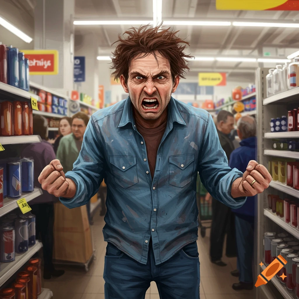 Angry man yelling and clenching fists in a supermarket aisle.