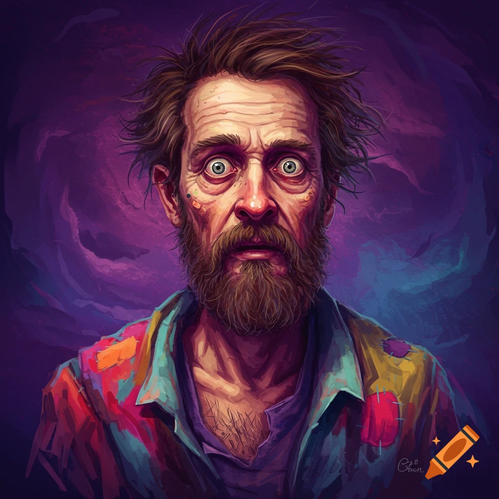 A portrait of a wide-eyed, bearded man in a colorful shirt.