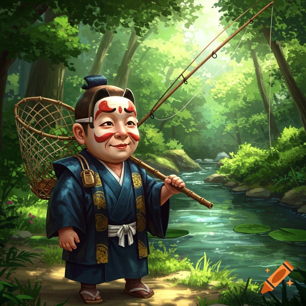 A short Japanese man in a Kabuki mask is fishing by a forest stream.