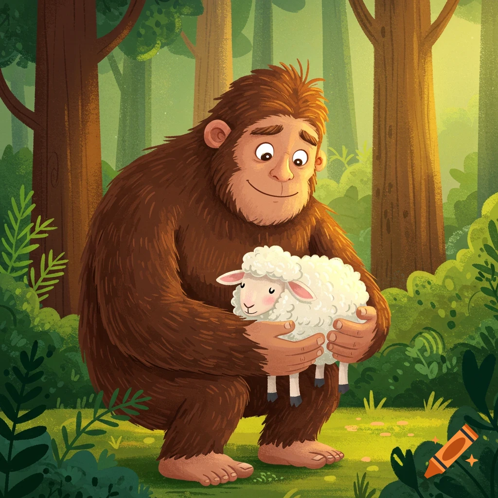 Bigfoot gently holds a small white sheep in a forest clearing.
