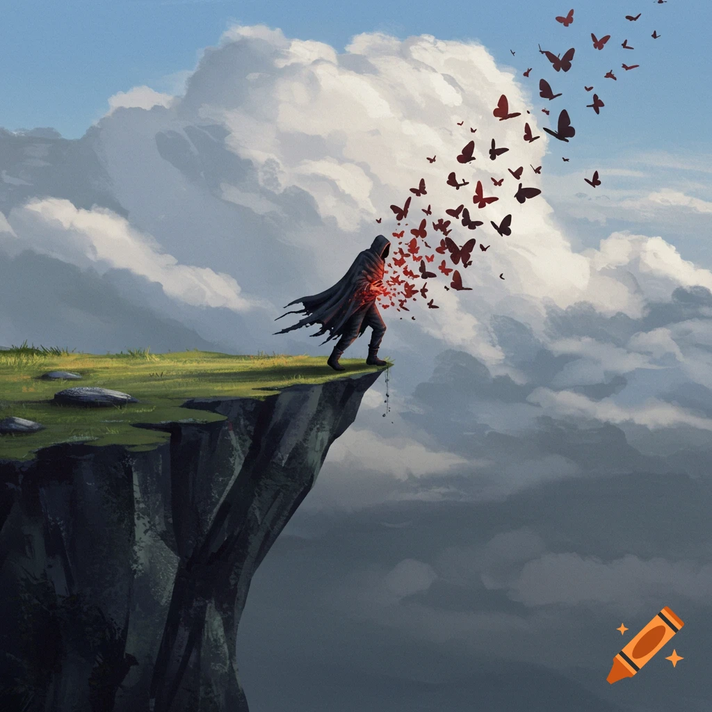 A cloaked figure stands on a cliff edge with red butterflies flying from their chest.