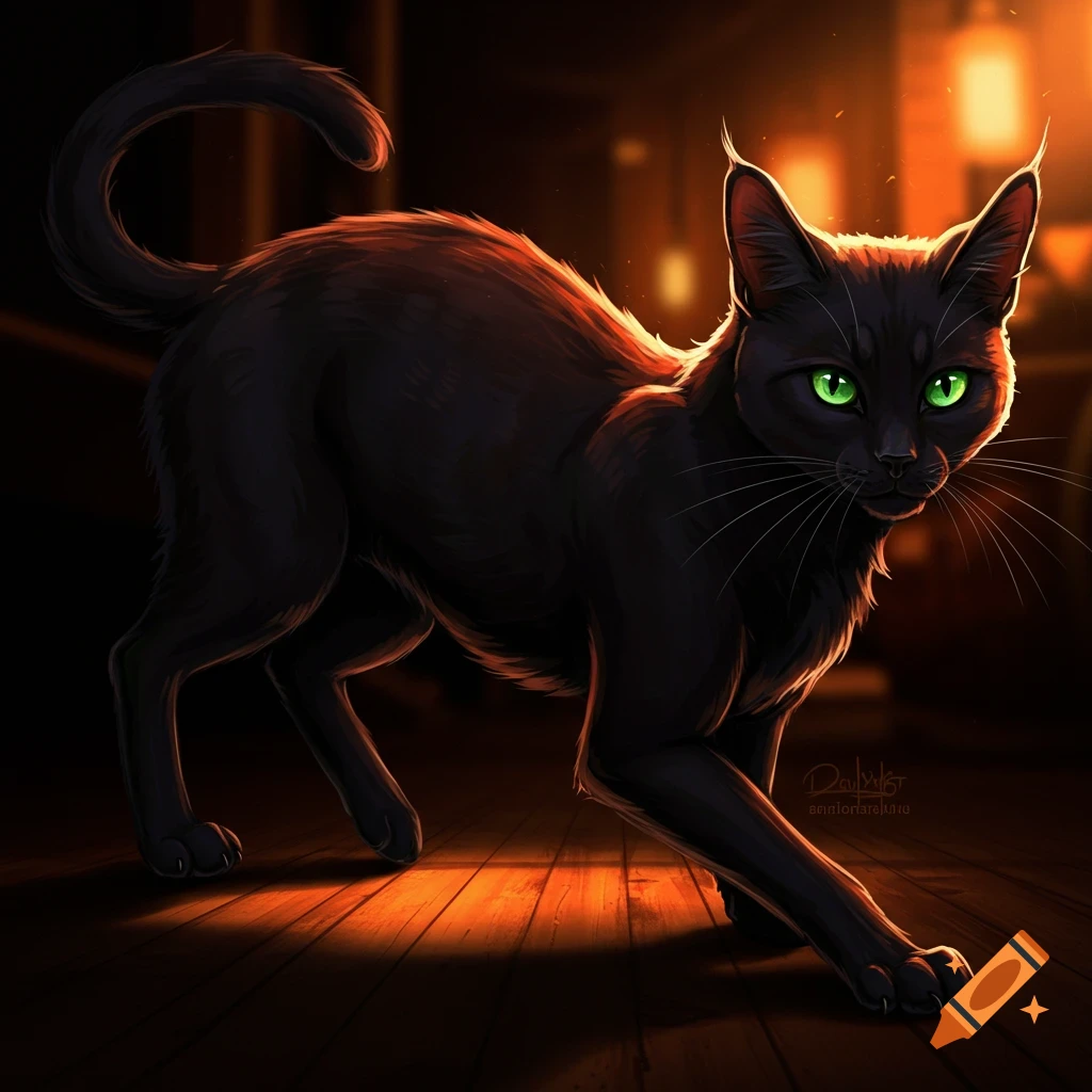 A black cat with green eyes, illuminated by orange light
