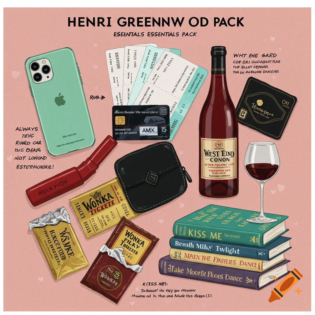 A flat lay of various items including a green phone, tickets, credit card, lipstick, purse, wine bottle and glass, chocolate bars, and a stack of books.