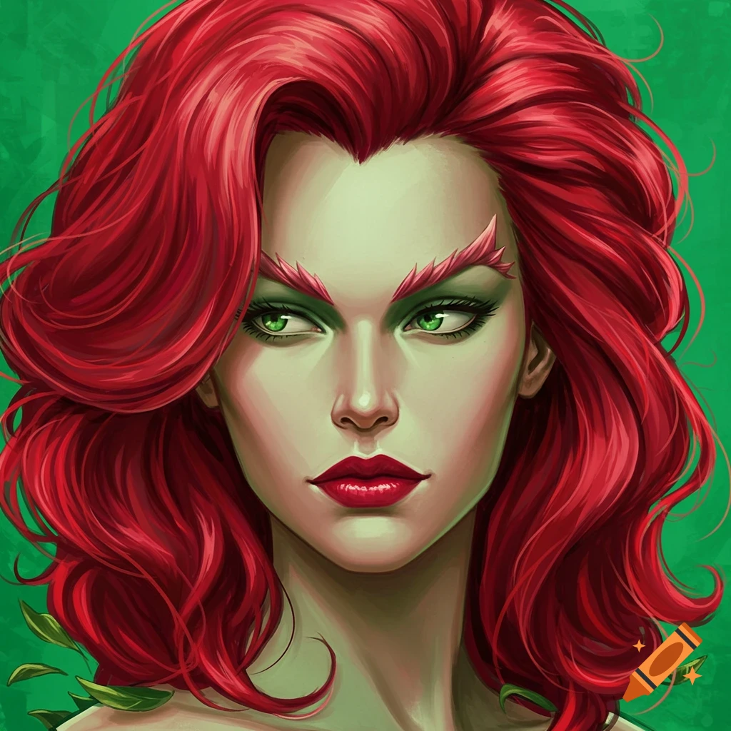 Portrait of woman with red hair, green skin, and leaf eyebrows against green background