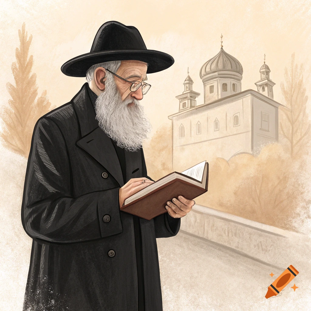 Illustration of a rabbi with a long beard reading a book in front of a building.